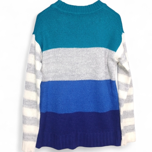 NWOT Colorblock Cozy Knit Sweater Women’s Large Teal Blue Gray Striped Layering - Picture 2 of 9